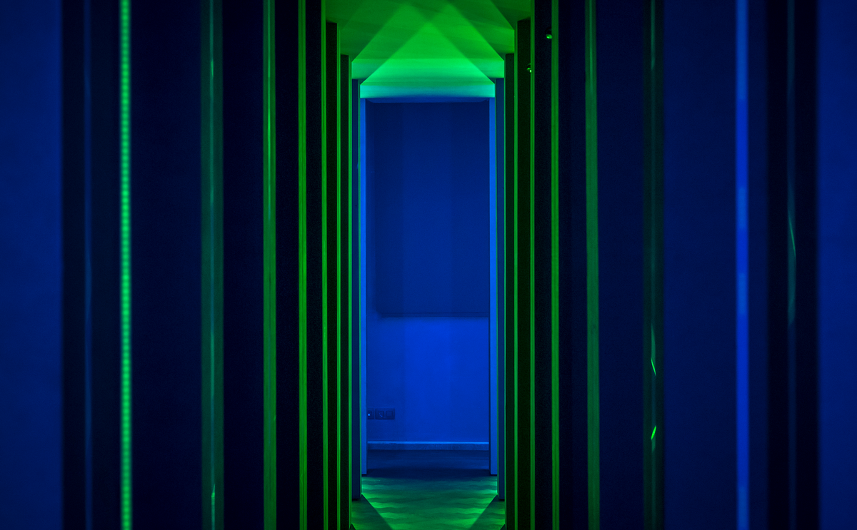 Image of Blue and green hallway, Art installation  at DIVA, Antwerp.