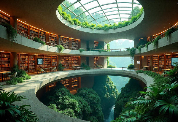 a futuristic library with a large curved bookshelf